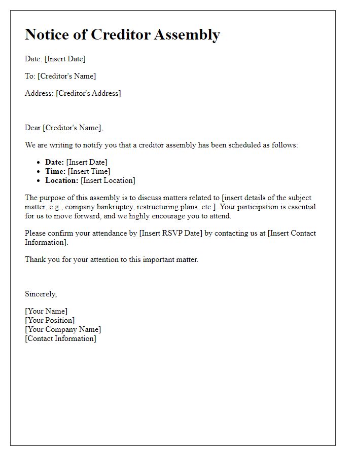 Letter template of Notice for Creditor Assembly