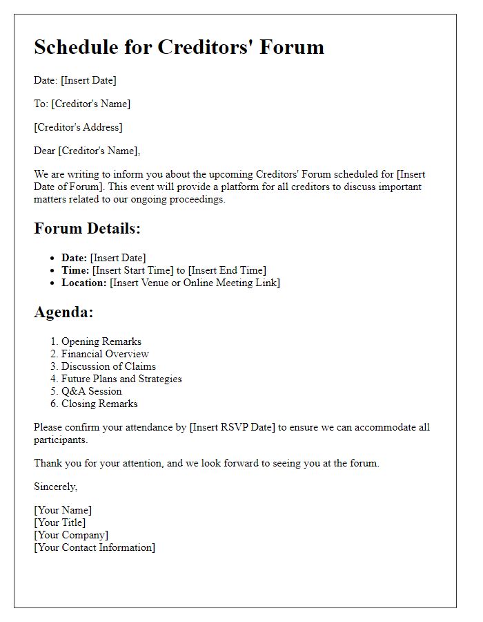 Letter template of Schedule for Creditors Forum