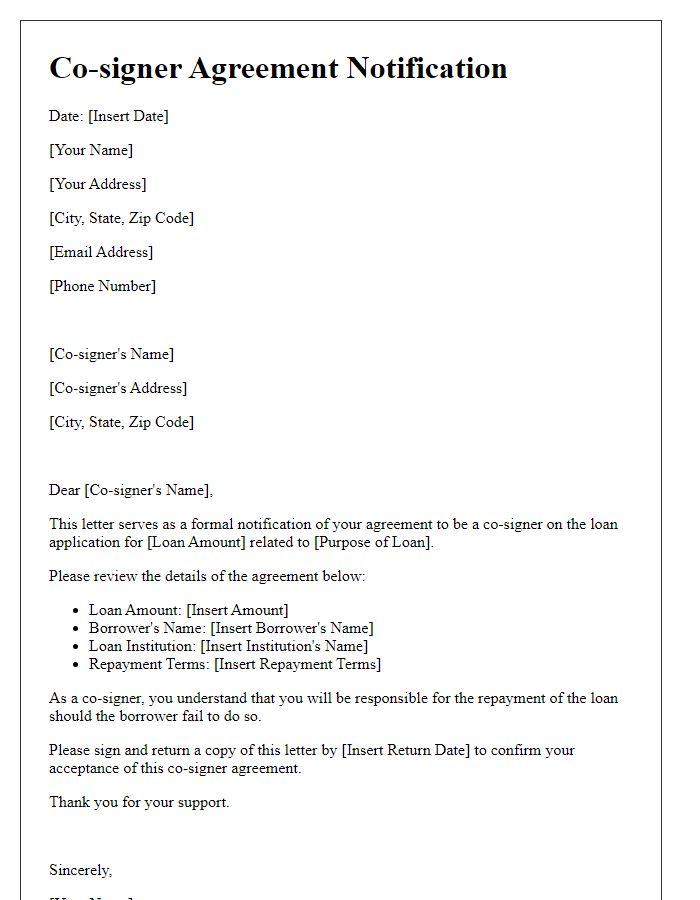 Letter template of Co-signer Agreement Notification