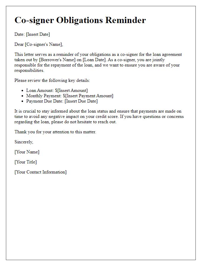 Letter template of Co-signer Obligations Reminder