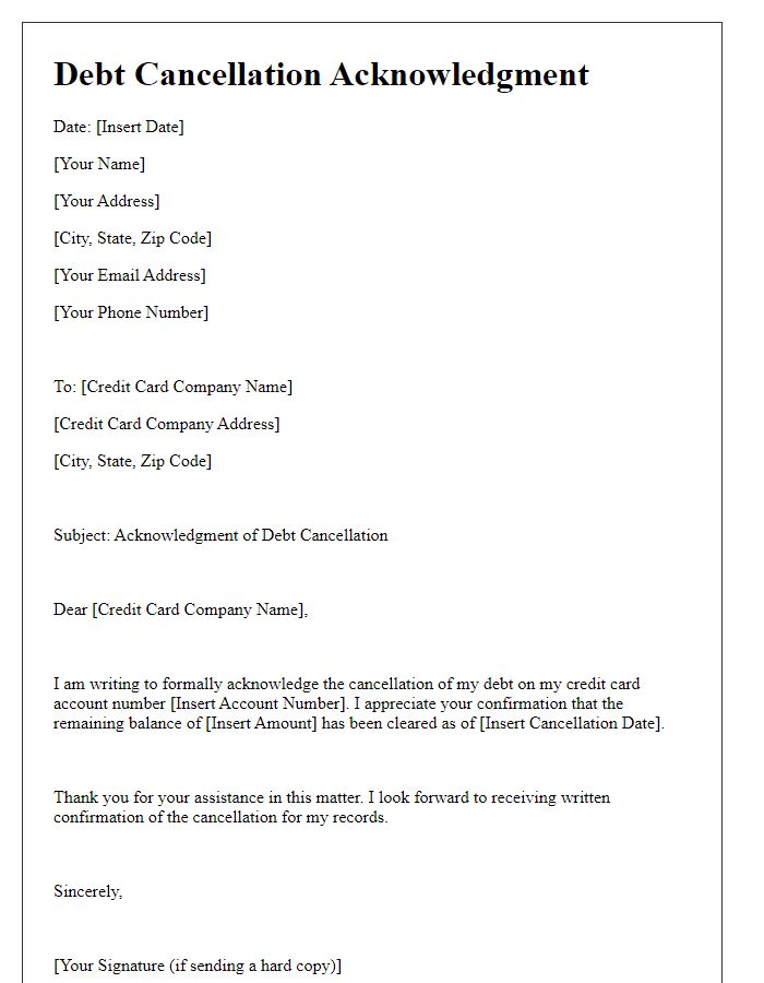 Letter template of Debt Cancellation Acknowledgment for Credit Cards