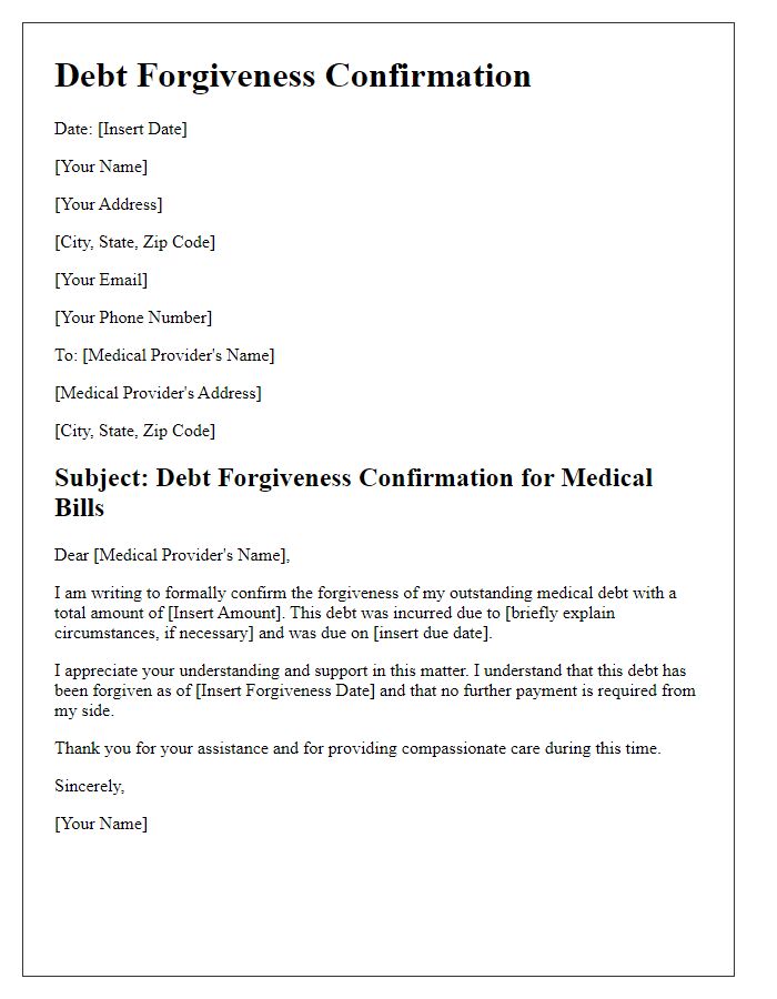 Letter template of Debt Forgiveness Confirmation for Medical Bills