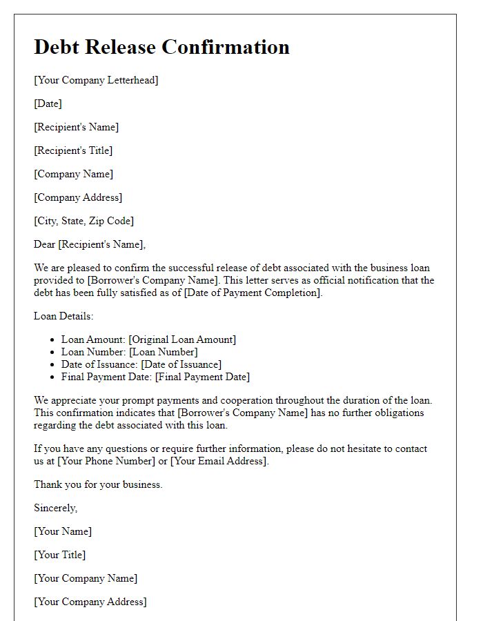 Letter template of Debt Release Confirmation for Business Loans