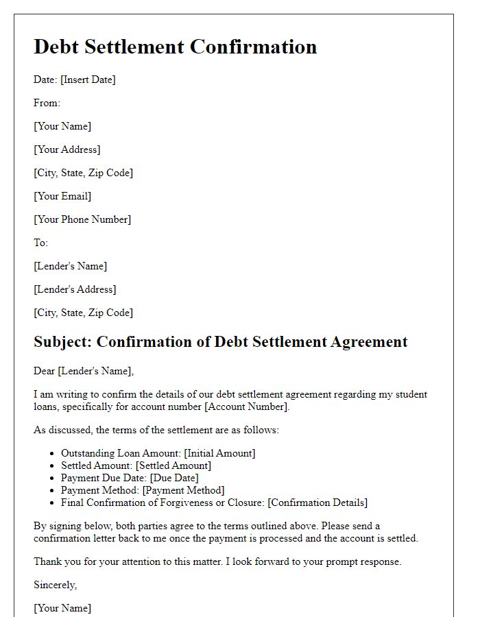 Letter template of Debt Settlement Confirmation for Student Loans