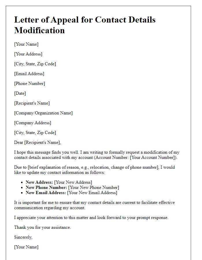 Letter template of appeal for contact details modification