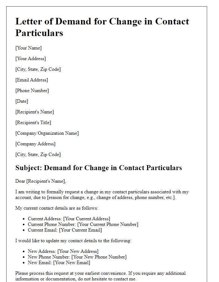 Letter template of demand for change in contact particulars