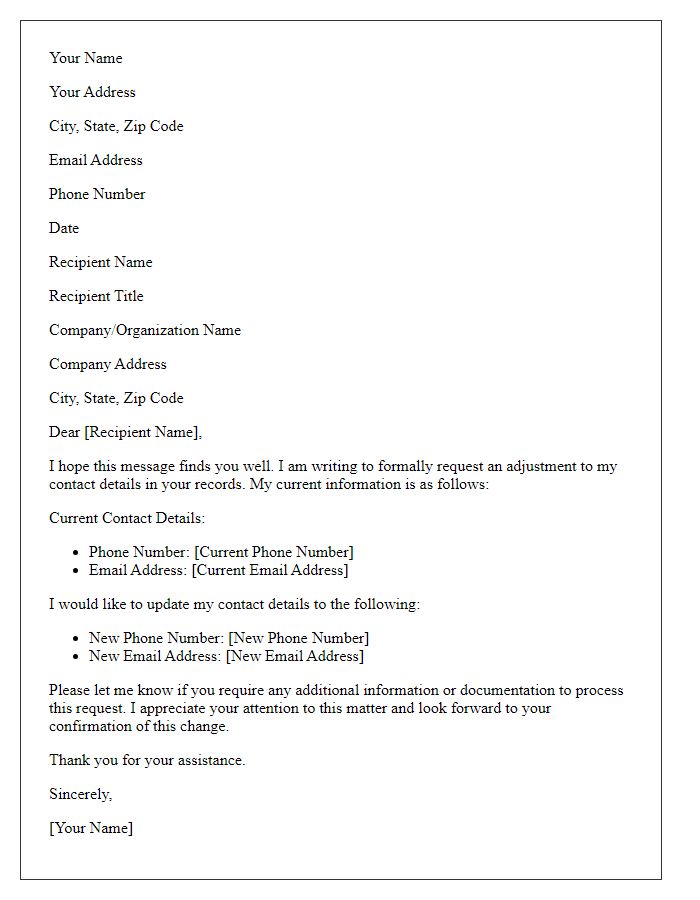 Letter template of formal request for contact details adjustment