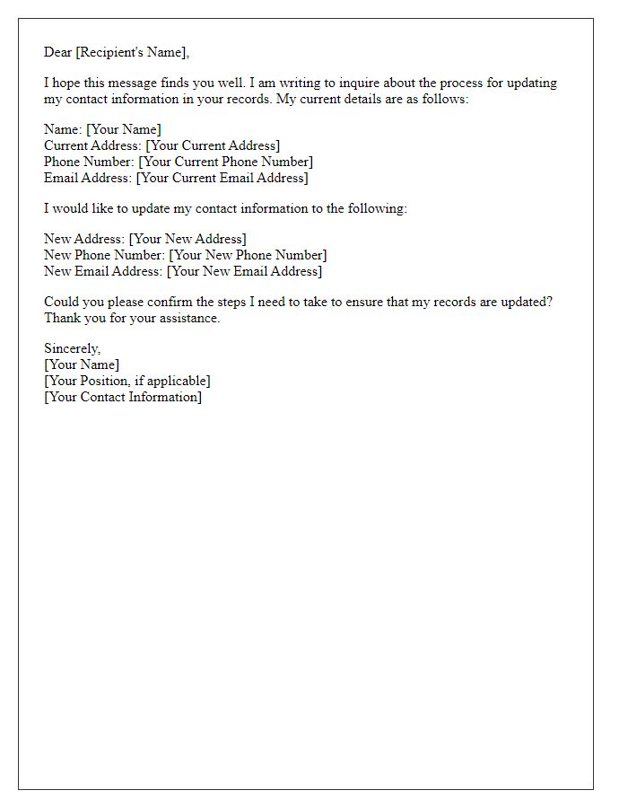 Letter template of inquiry for updating my contact data