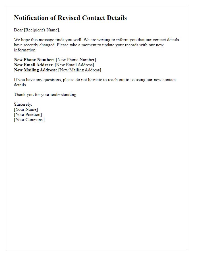 Letter template of notification for revised contact details
