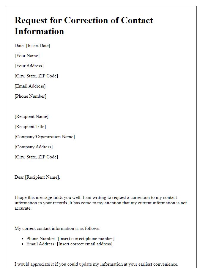 Letter template of request for correction of contact information