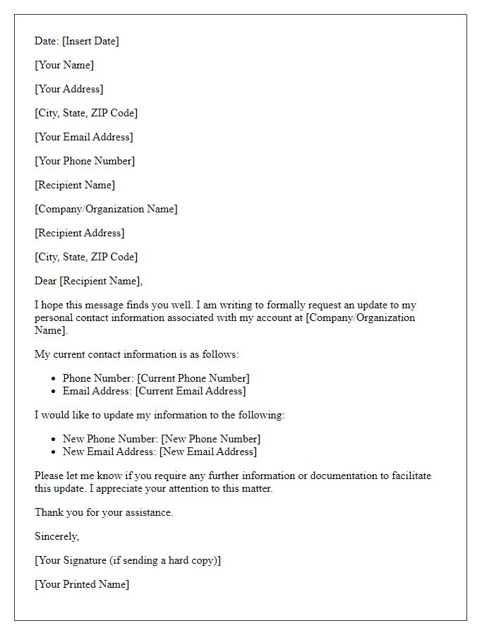 Letter template of request for updating personal contact information