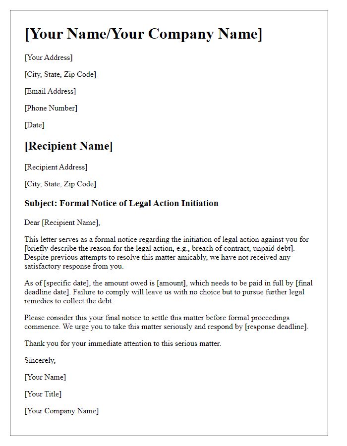 Letter template of formal notice of legal action initiation