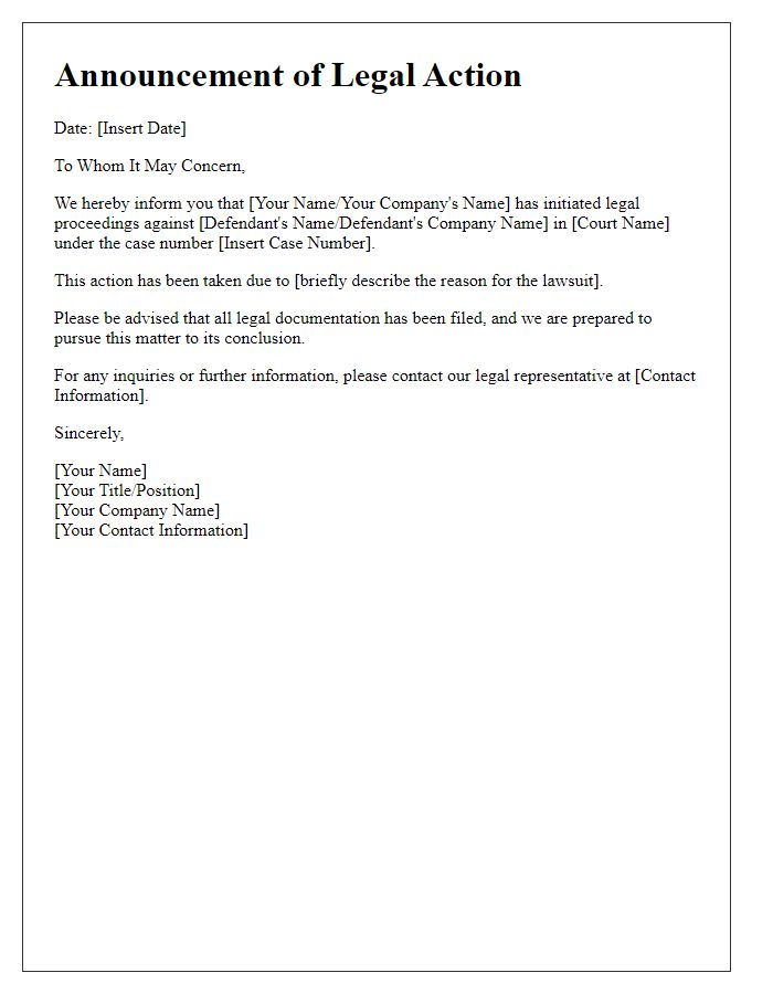 Letter template of lawsuit initiation announcement