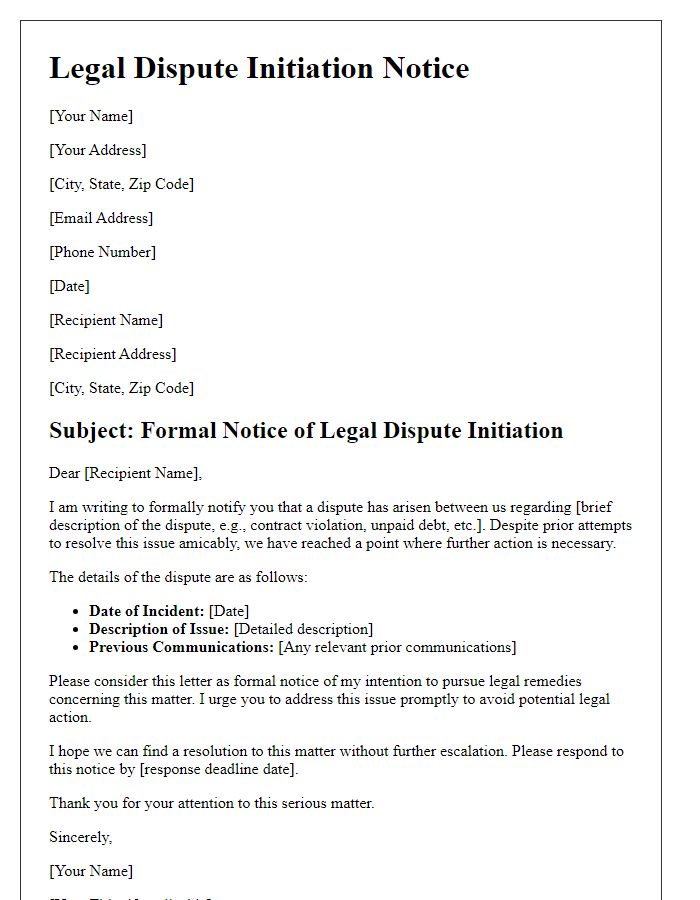 Letter template of legal dispute initiation formal notice