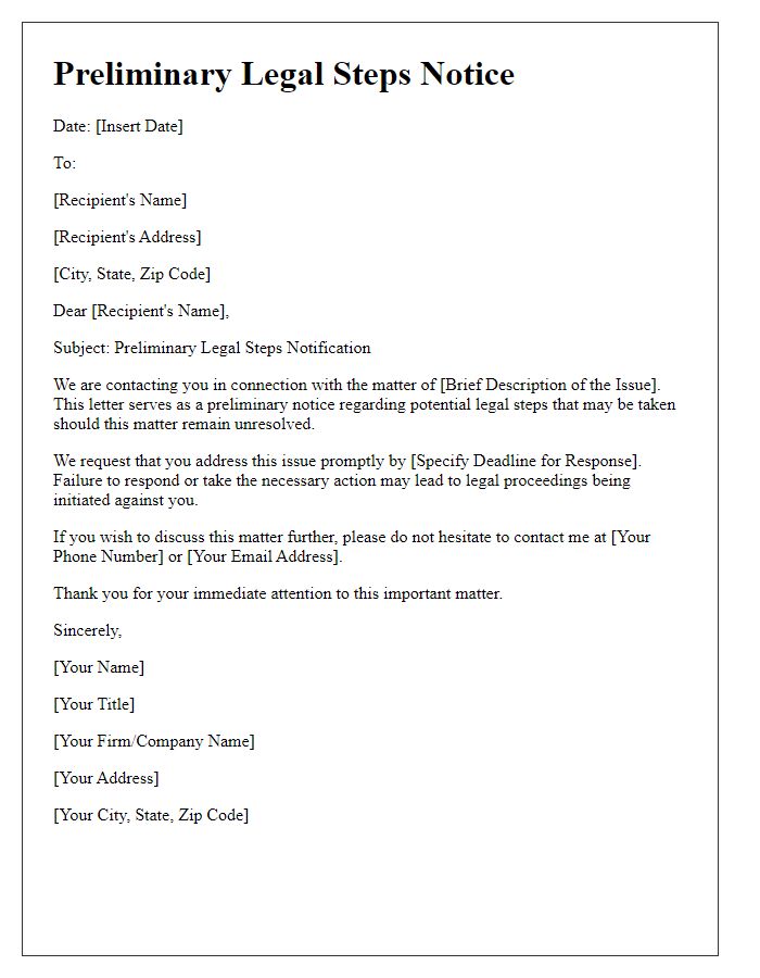 Letter template of preliminary legal steps correspondence