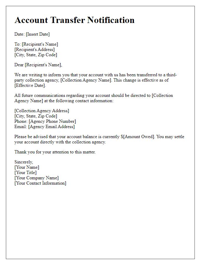 Letter template of account transfer to third-party collection.