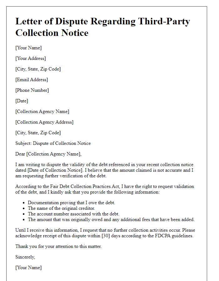 Letter template of dispute regarding third-party collection notice.