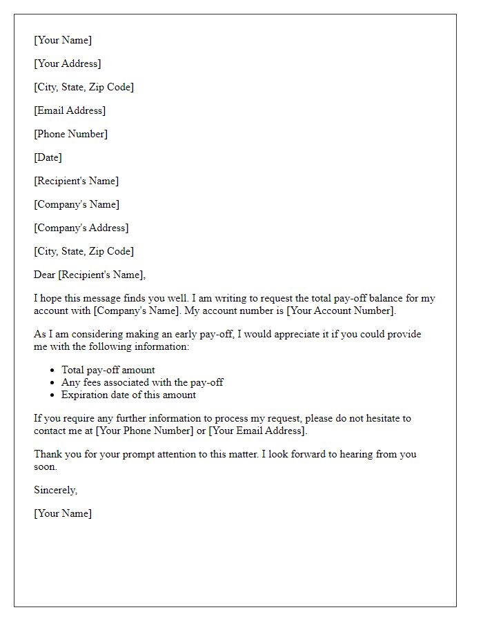 Letter template for total pay-off balance inquiry