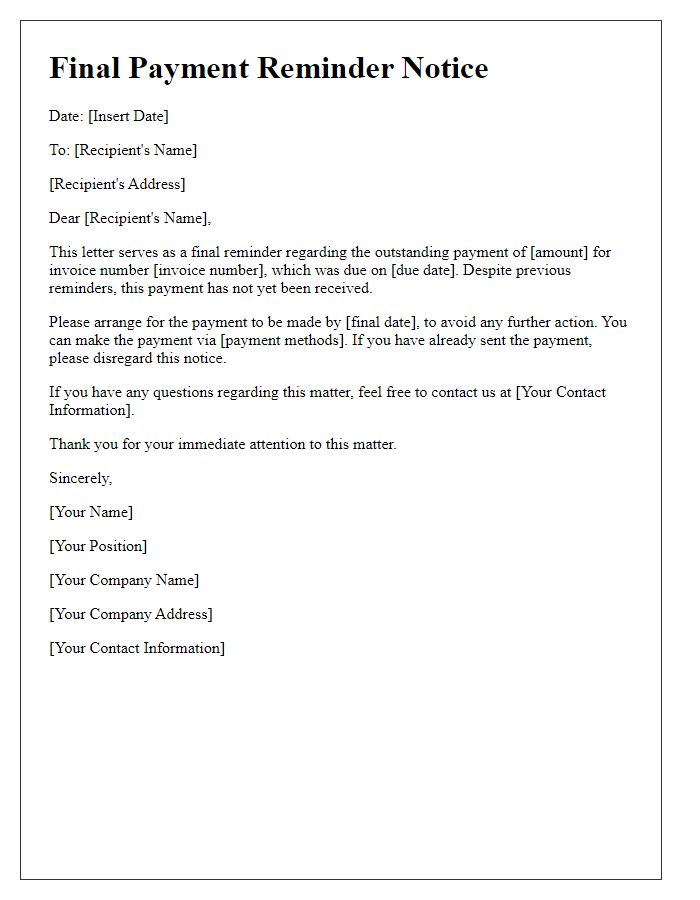 Letter template of final payment reminder notice