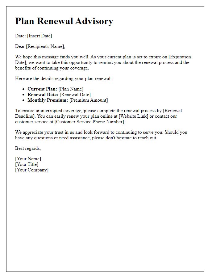 Letter template of plan renewal advisory