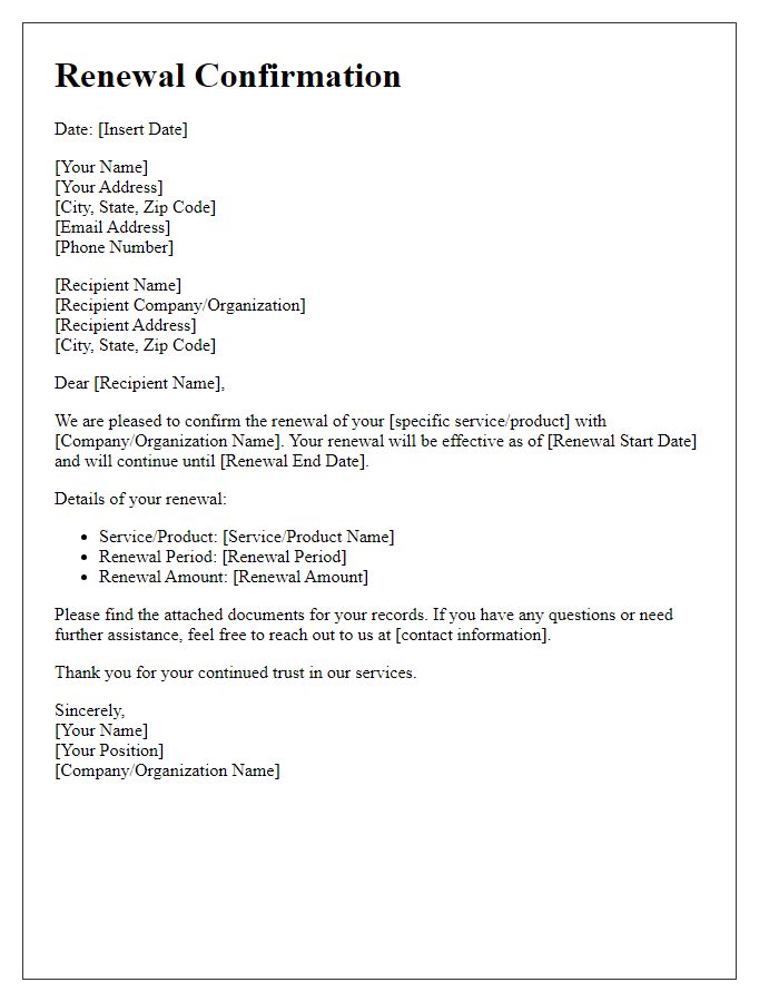 Letter template of renewal confirmation advice