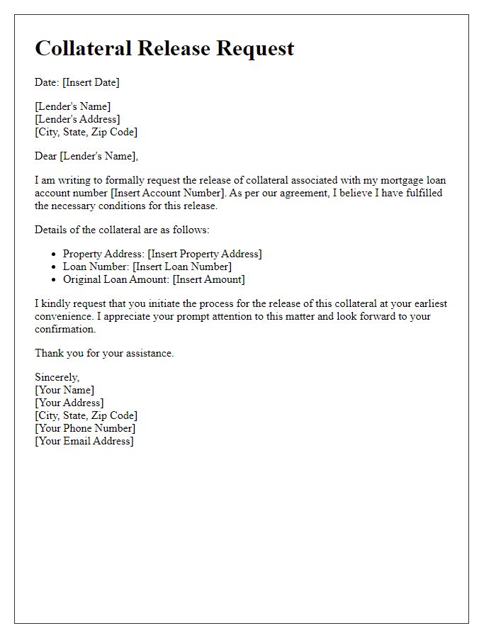 Letter template of collateral release request for mortgage lender