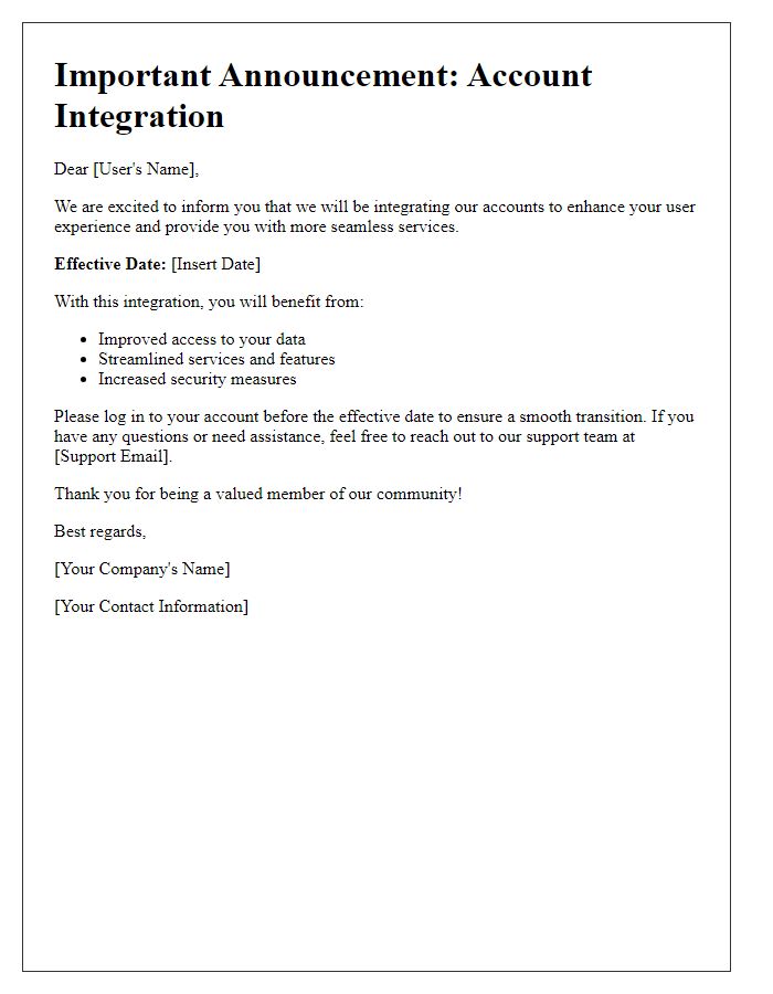 Letter template of Account Integration Announcement for Users