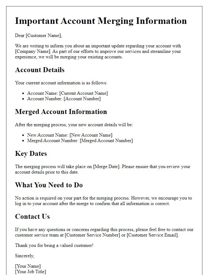 Letter template of Account Merging Information for Customers