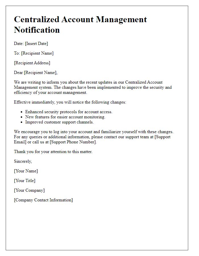 Letter template of Centralized Account Management Notification