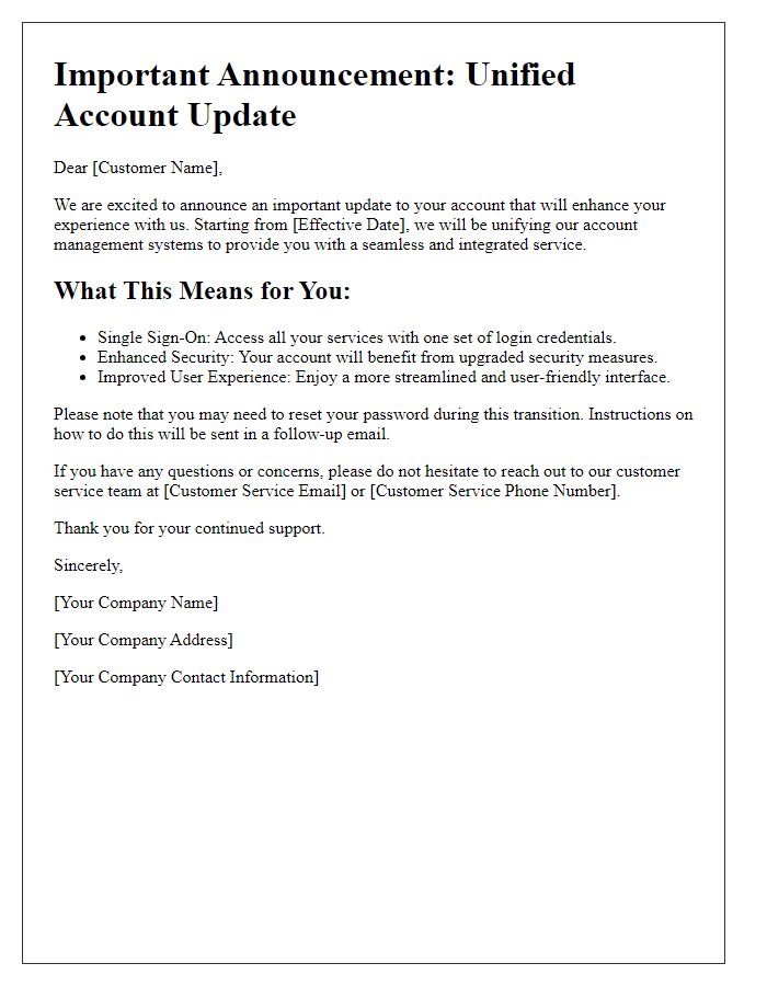 Letter template of Unified Account Update Announcement