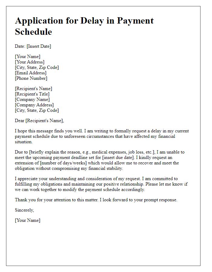 Letter template of application for delay in payment schedule.