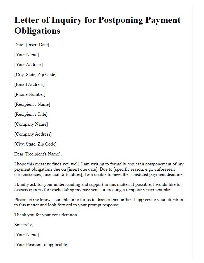 Letter template of inquiry for postponing payment obligations.