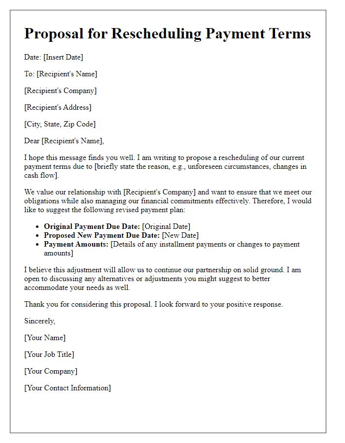 Letter template of proposal for rescheduling payment terms.