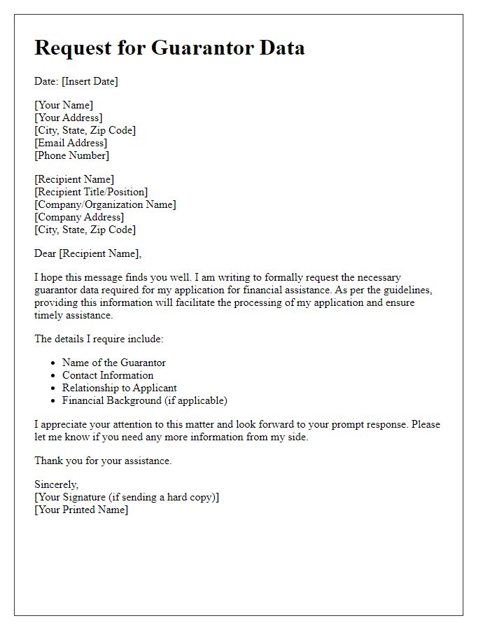 Letter template of request for guarantor data for financial assistance