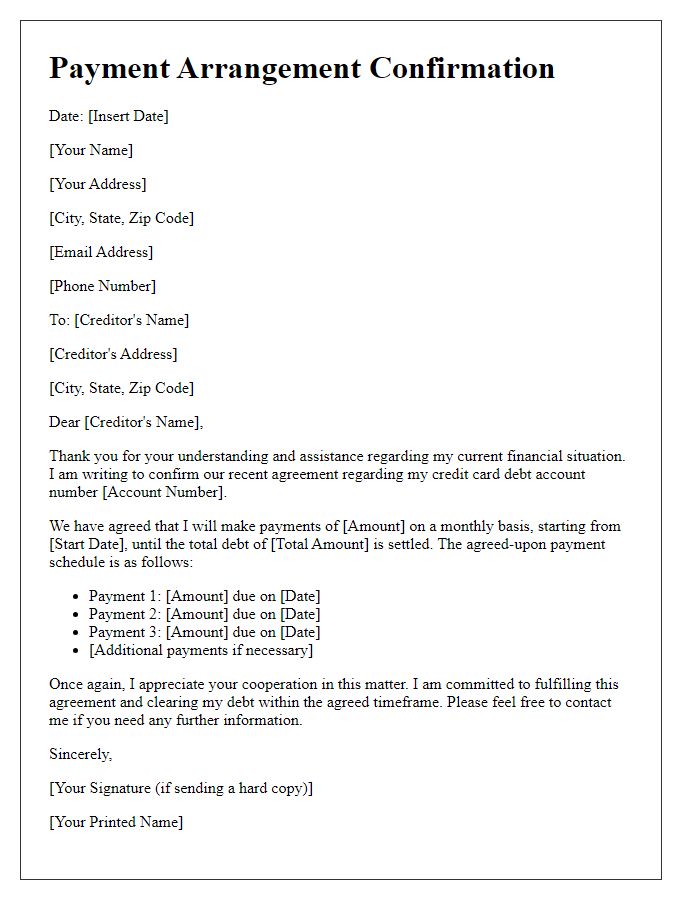 Letter template of payment arrangement confirmation for credit card debt