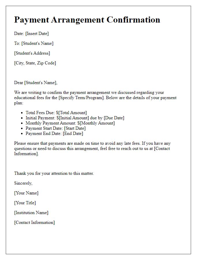 Letter template of payment arrangement confirmation for educational fees