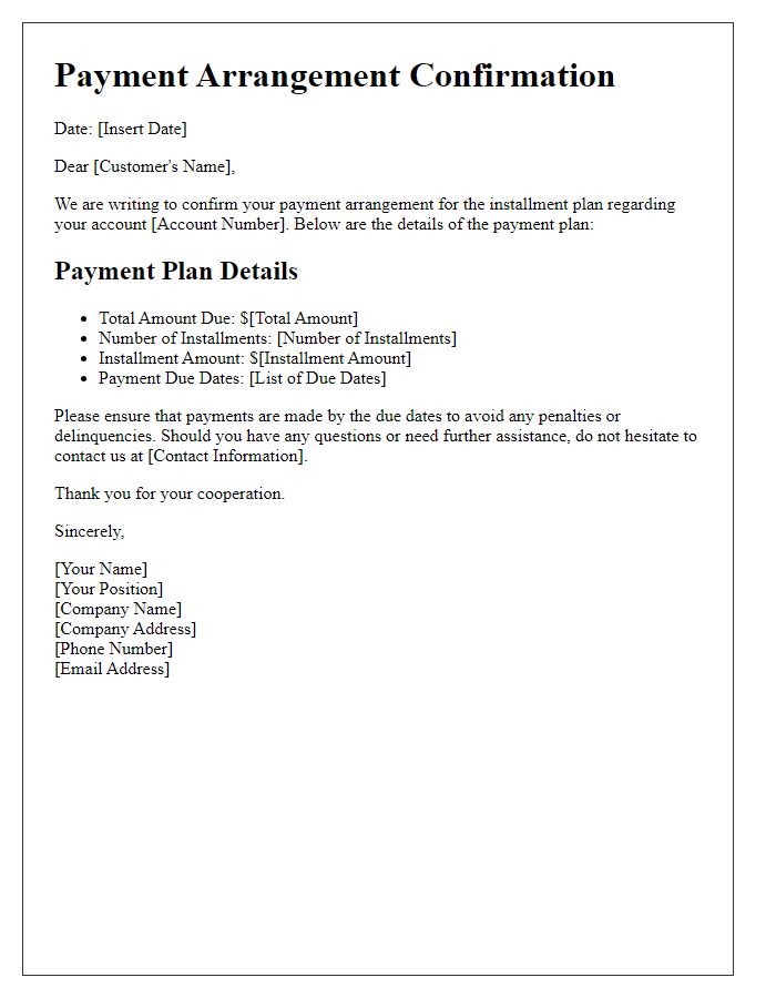 Letter template of payment arrangement confirmation for installment plan