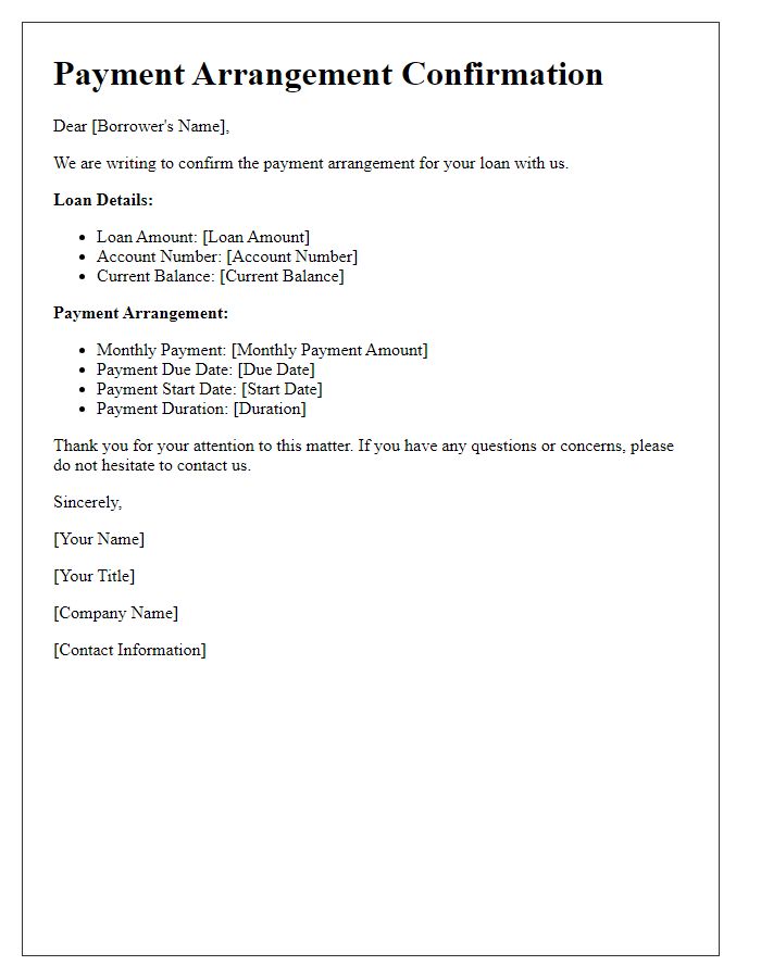 Letter template of payment arrangement confirmation for loan repayment