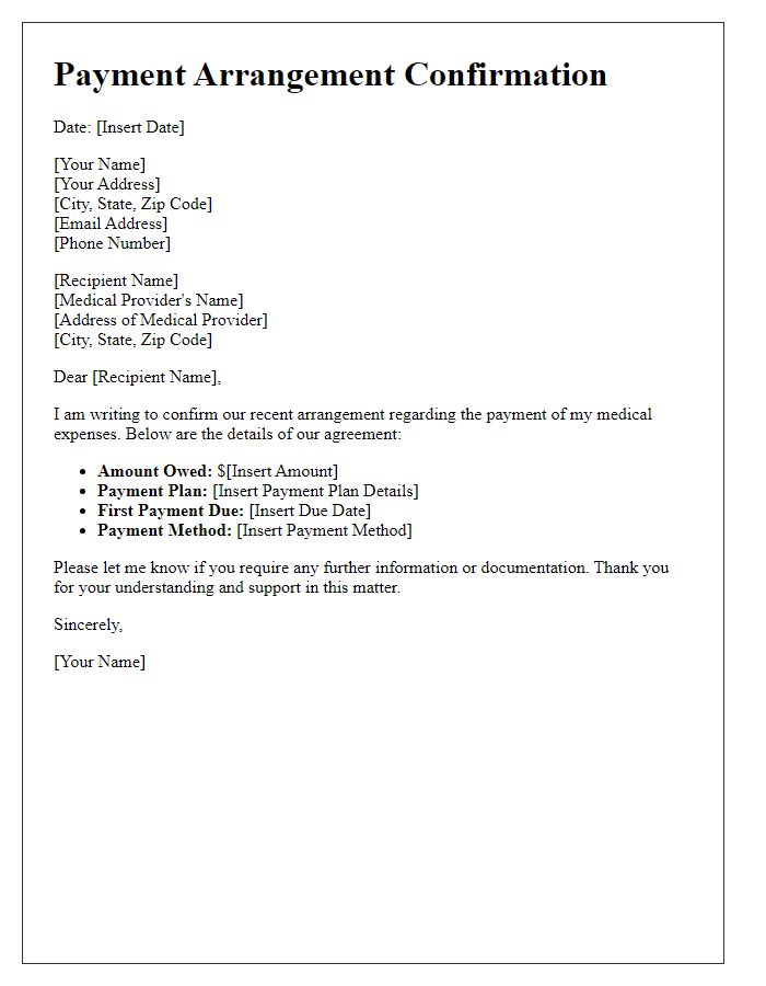 Letter template of payment arrangement confirmation for medical expenses