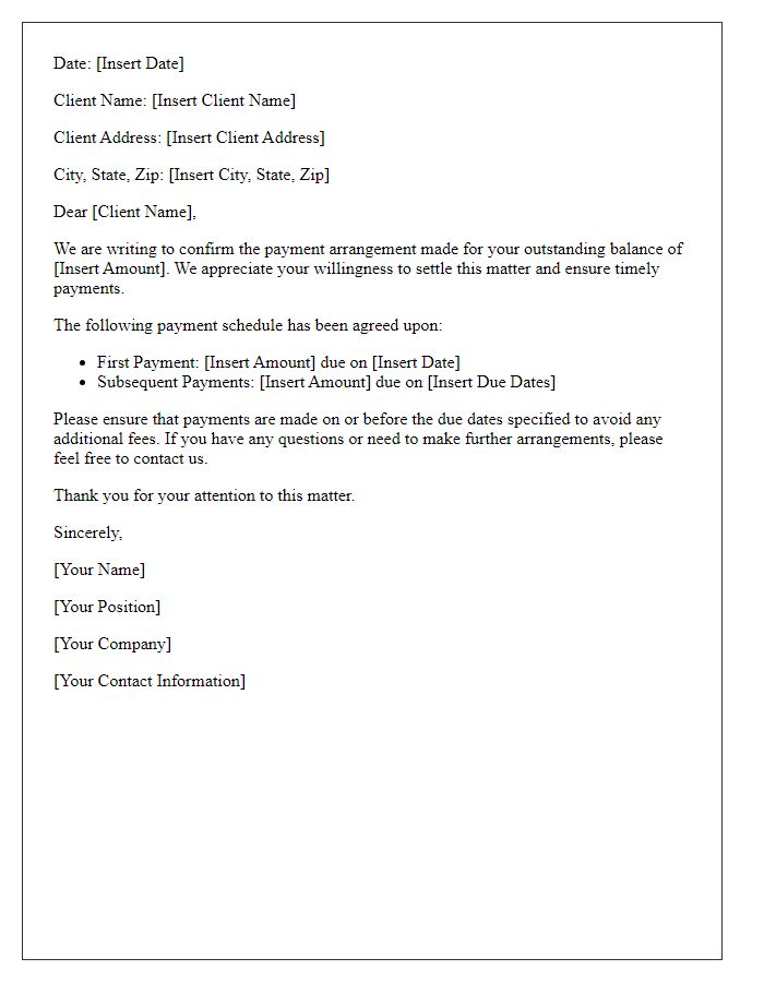 Letter template of payment arrangement confirmation for outstanding balance