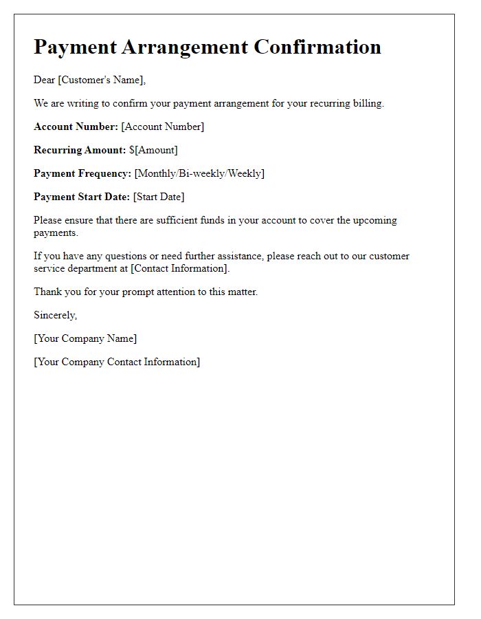 Letter template of payment arrangement confirmation for recurring billing