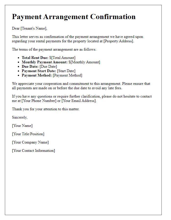 Letter template of payment arrangement confirmation for rental payments