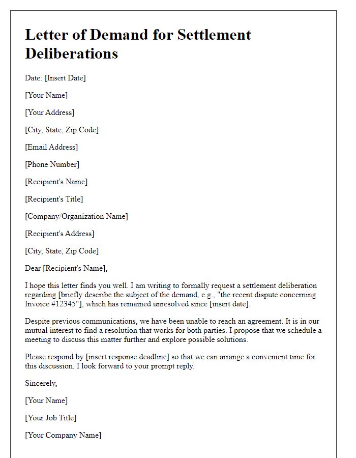 Letter template of demand for settlement deliberations