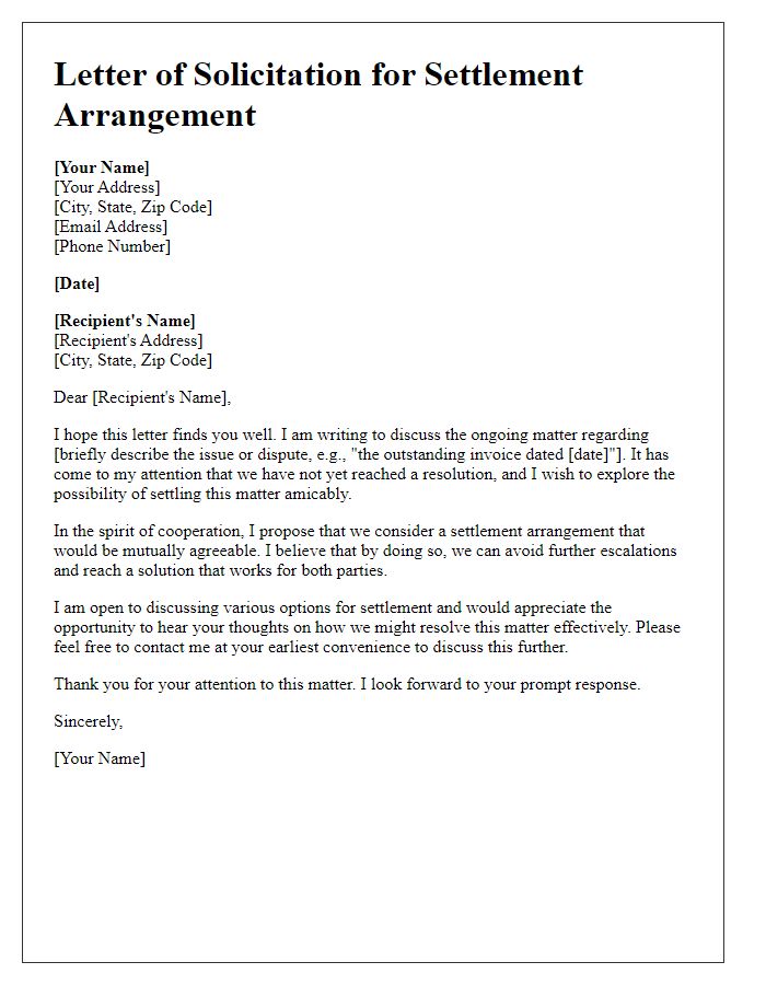 Letter template of solicitation for settlement arrangements