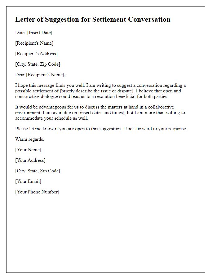 Letter template of suggestion for settlement conversation