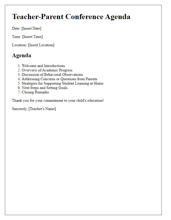 Letter template of agenda for teacher-parent conference.