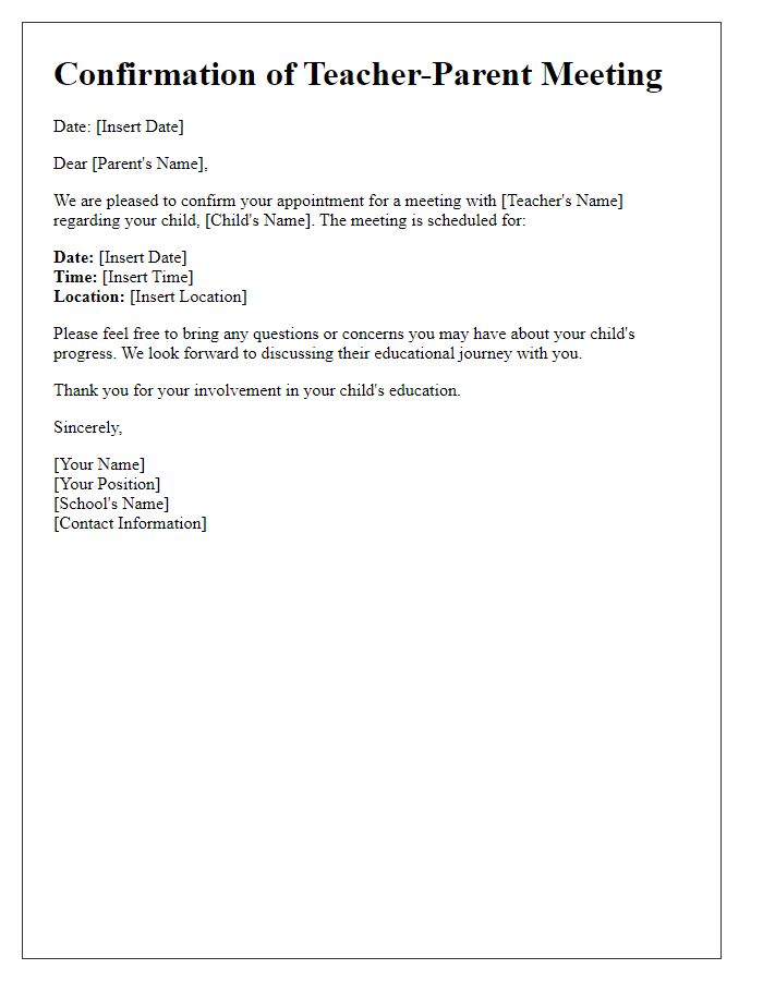 Letter template of confirmation for teacher-parent meeting.