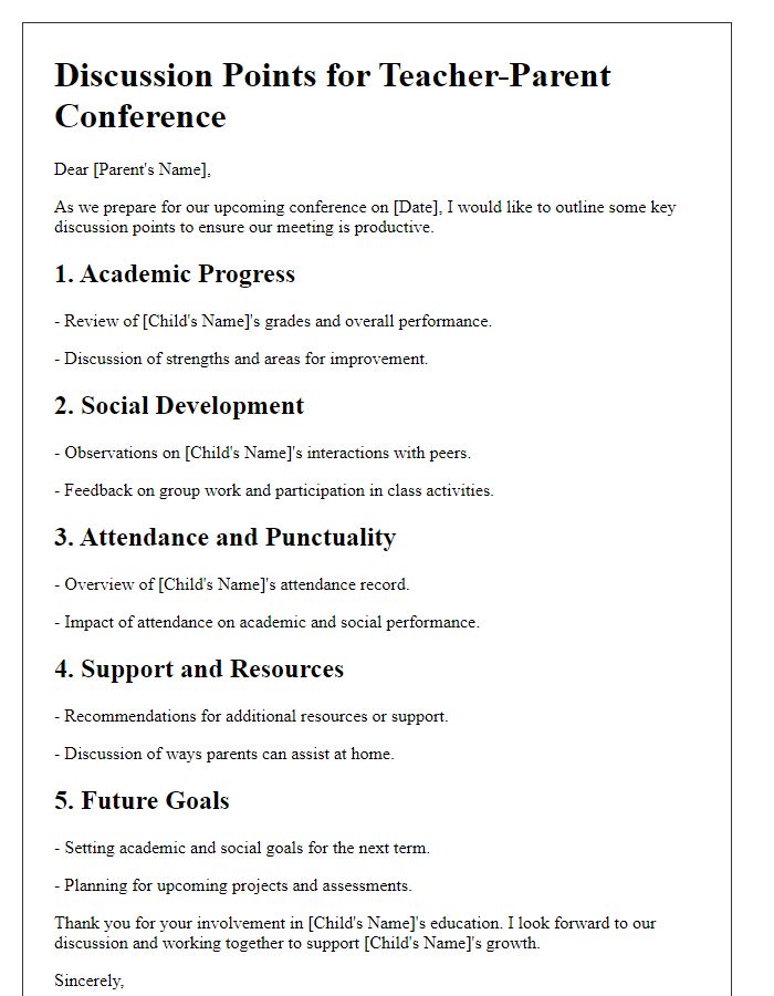 Letter template of discussion points for teacher-parent conference.