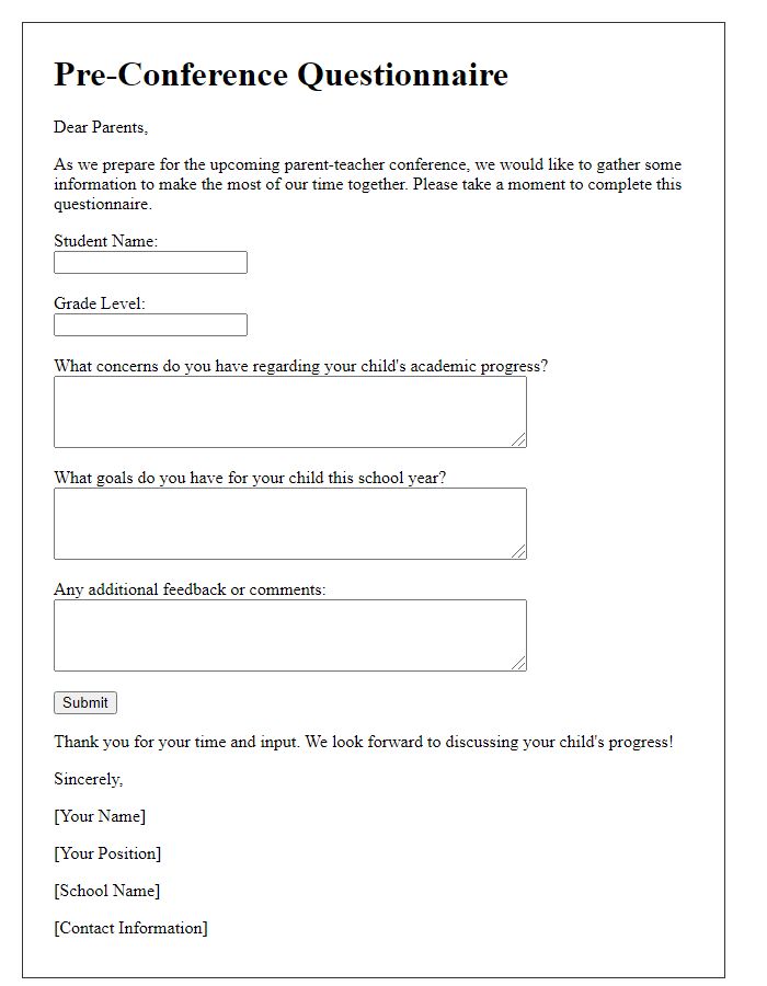 Letter template of pre-conference questionnaire for parents.