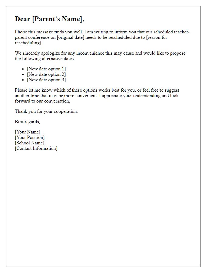 Letter template of rescheduling teacher-parent conference.